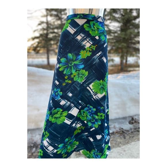 Vintage 70s Floral Maxi Skirt Tropical Hawaiian Blue Green - Picture 1 of 9